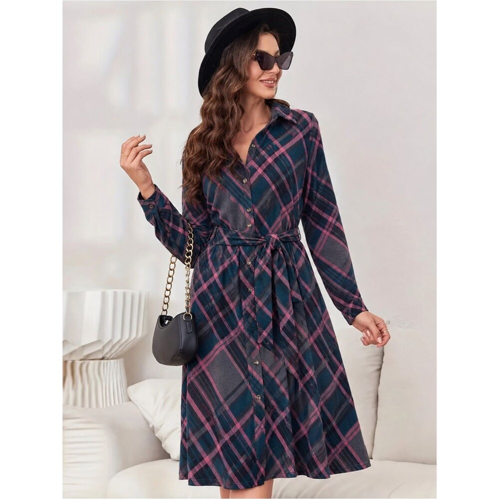 Robert Louis NWT Soft Cozy Plaid Shirt Dress Waist Tie Fall Button Down Dress